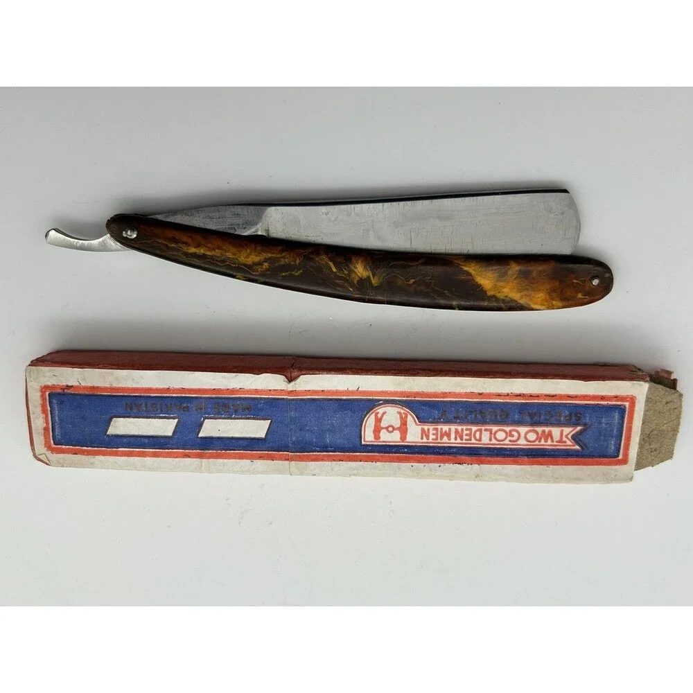 Straight razor knife w/ box Pakistan 2 Golden Men vintage shaving
